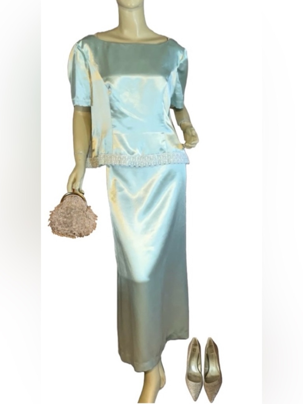 VINTAGE 1980'S HANDMADE/HOMEMADE MINTY GREEN SATIN W/WHITE TRIM SKIRT SET (XL)